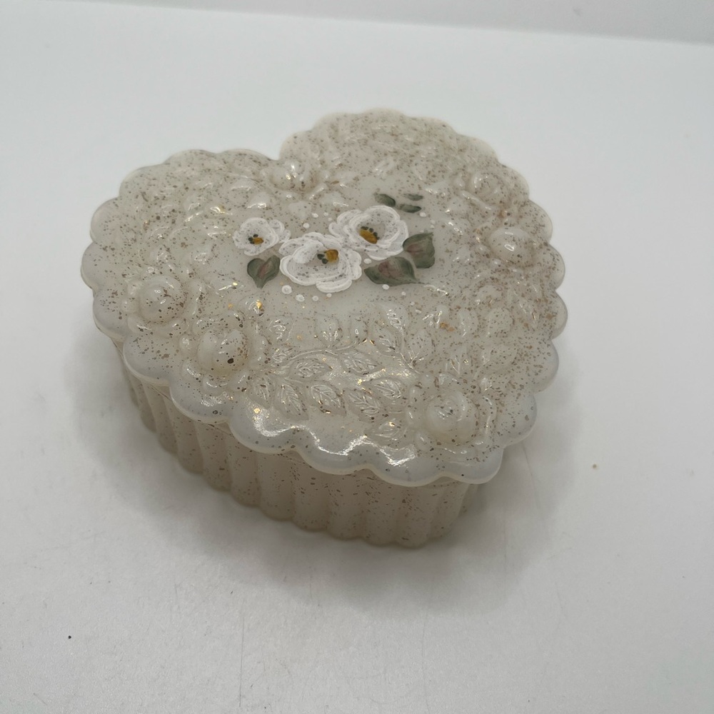 Fenton Cream Heart Glass Box with Floral Design